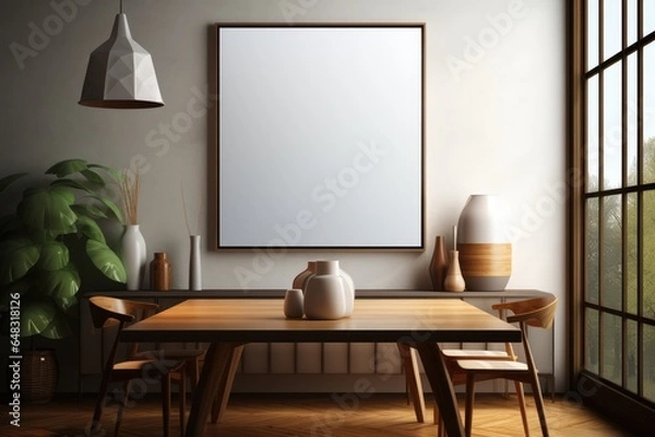 Fototapeta Mockup of a vertical blank and empty wall frame in a kitchen with modern furniture.