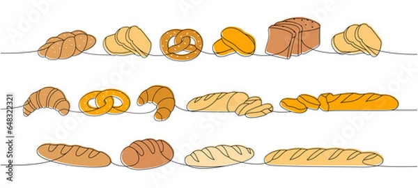 Obraz Fresh breads one line colored continuous drawing. Wheat bread, pretzel, ciabatta, croissant, bagel, french baguette continuous one line illustration.