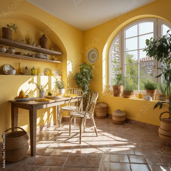 Fototapeta A dining room with plastered walls and French window
