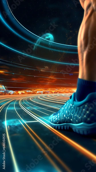 Fototapeta athlete running in space, athlete running on saturn's ring, generative ai