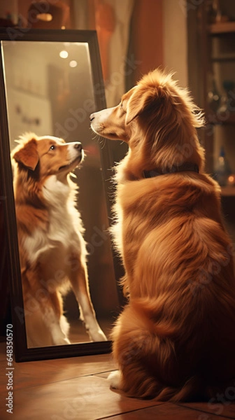 Fototapeta beautiful dog looking in the mirror, dog looking at its reflection in the mirror, generative ai