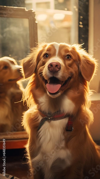 Fototapeta beautiful dog looking in the mirror, dog looking at its reflection in the mirror, generative ai