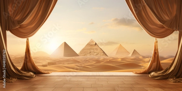 Fototapeta Palace balcony with golden curtains looking into desert and the pyramids.