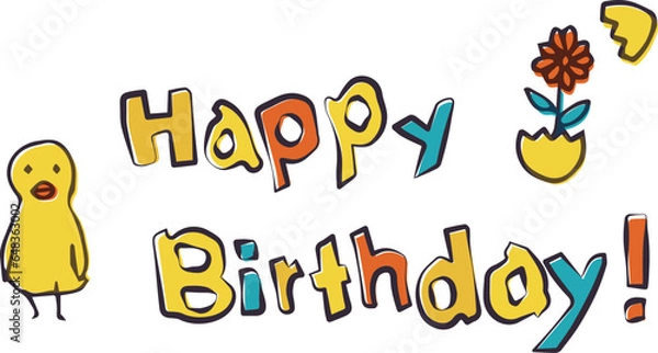 Obraz ひよこのイラストとHappyBirthdayの文字