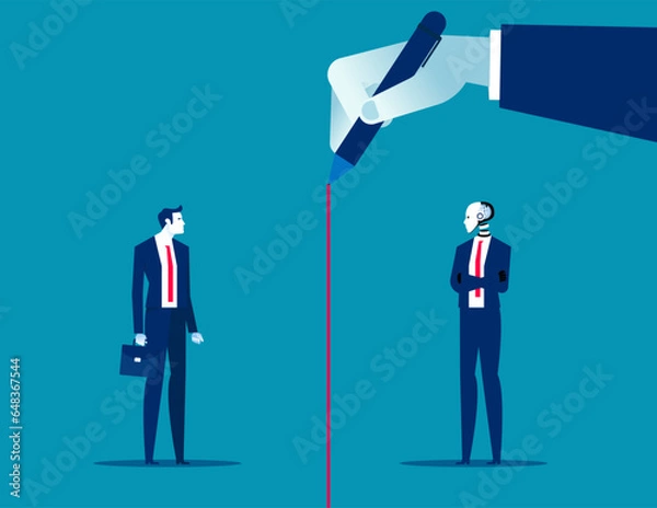 Fototapeta Robot and human with red line separation. Artificial intelligence business vector illustration