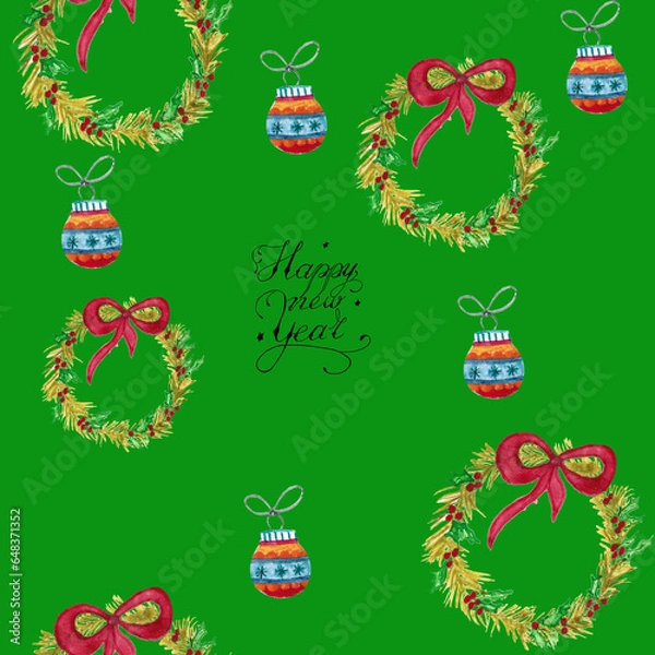 Fototapeta Seamless pattern for new year and christmas. Watercolor drawing.