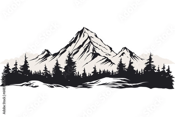 Obraz Black and white mountain range with trees wall art, symbolic landscapes stencil art outdoor scenes adventure vector illustration