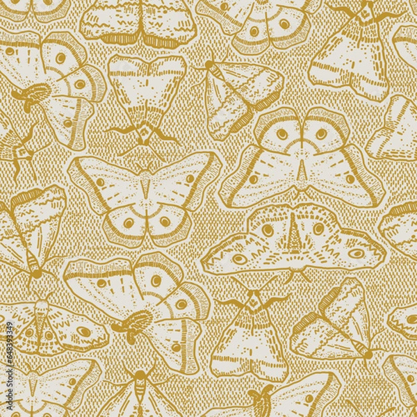 Fototapeta Mustard yellow toile insect repeat pattern. Illustration with hand-drawn stripe texture.  Insect design with wiccan alchemy look. Monochrome moth or butterfly drawing. Fall seasonal pattern.