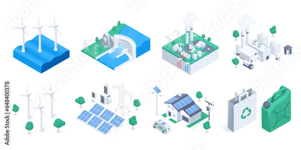 Fototapeta isometric vector illustration on a white background, set on the theme of environmentally friendly energy based on solar and wind energy, as well as thermal and water