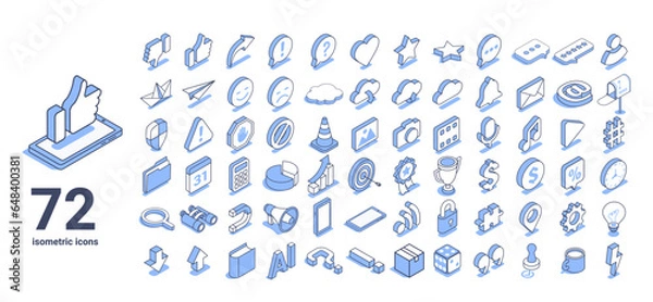 Fototapeta isometric vector illustration on a white background, a large set of icons on the theme of social networks and business, text bubbles with likes and emoticons