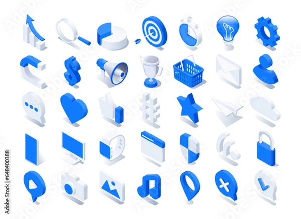 Fototapeta isometric vector illustration on a white background, social media and business icons, a set of objects on the theme of marketing