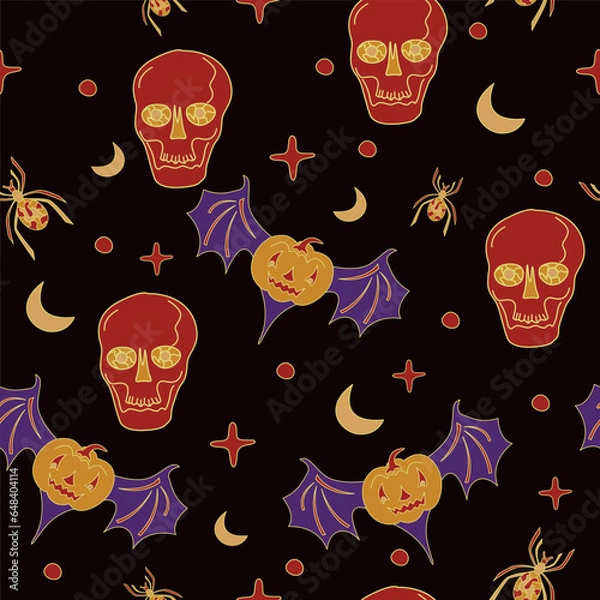 Fototapeta Happy Halloween. Pattern pumpkins, skulls, spiders, ghosts  Halloween concept. Halloween background design.