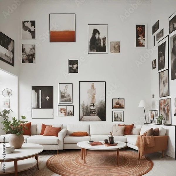 Fototapeta Scandinavian-inspired living room, with sleek modern furniture and warm wooden accents. The soft natural light filters in through large windows, illuminating the clean lines and minimalist design