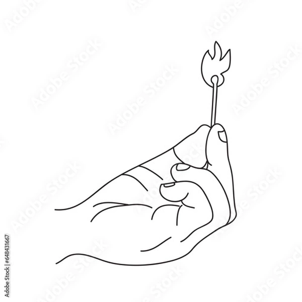 Fototapeta Hand holds a match. Outline drawing on white. Burning match stick on hand. 