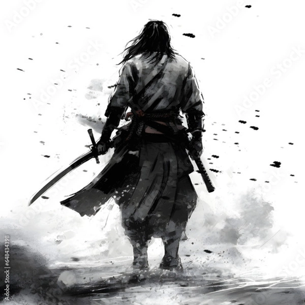 Fototapeta 戦場の侍の後ろ姿　水墨画風イラスト