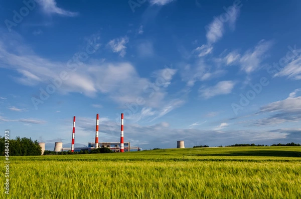 Obraz power plant field sky summer energy pipes gas clouds