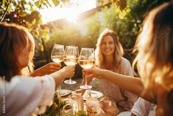 Obraz A group of friends raises a toast with white wine at an outdoor dinner party, epitomizing social celebration in an authentic, lifestyle-oriented scene.
