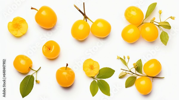 Fototapeta Mirabellenstücke und Einzelblätter Isoliert auf Transparentem Hintergrund with generative KI