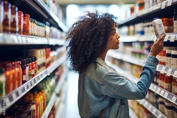Obraz A woman carefully evaluates products in a grocery store, considering factors such as nutrition, prices, and ingredients, showcasing informed consumer behavior.
