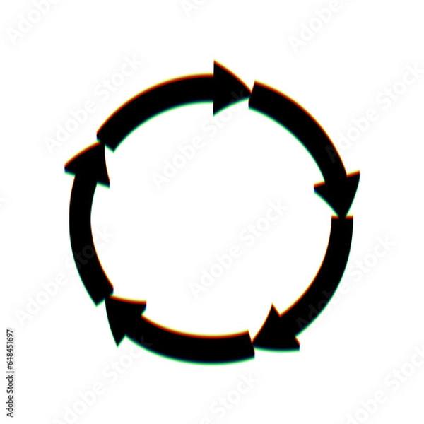 Fototapeta Circular arrows sign. Black Icon with vertical effect of color edge aberration at white background. Illustration.