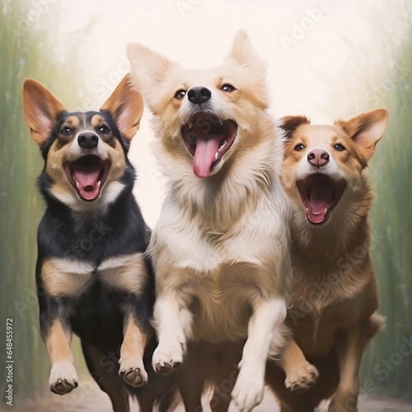 Fototapeta Lots of dogs run merrily towards the camera. Dogs run fast and smile. Corgis are white and brown. Dog ears. Muzzle of a dog. The dog is man's best friend.