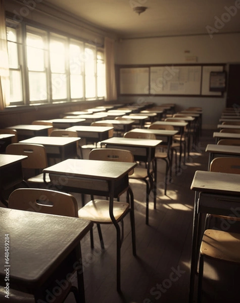 Obraz Empty bright school classroom with desks and chairs. The sun's rays shine through the windows. Audience at the university. An office where schoolchildren have lessons.