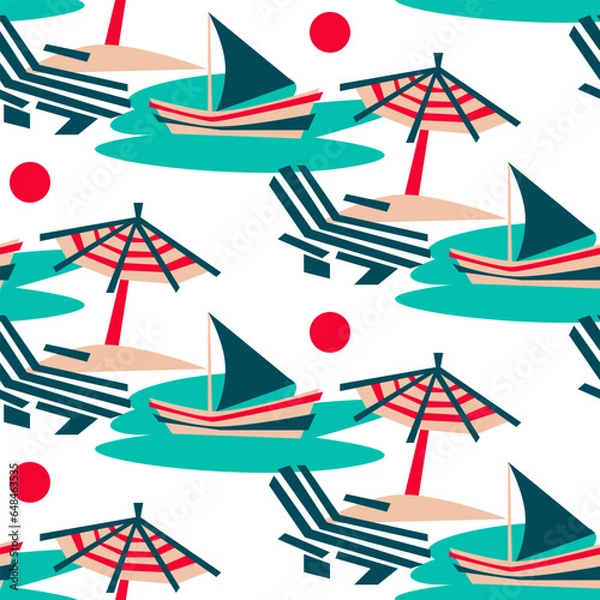 Fototapeta Summer seamless vector pattern. Vintage colors, view of the Riviera beach. Sun loungers, umbrellas, beach, sunset sea, sail, boat on a white background. Texture in the theme of relaxing on the beach