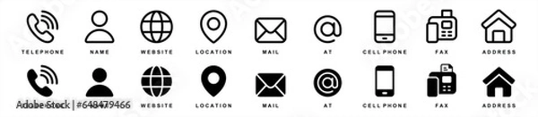 Obraz Contact information icon set in line style. Business card, Home, Phone, Location, Address, Website, mail, fax, user simple black style symbol sign for apps and website, vector illustration.