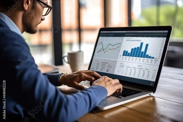 Obraz Trading cryptocurrency and securities. A young financial analyst in glasses works in front of a laptop monitor. Track quotes in real time.