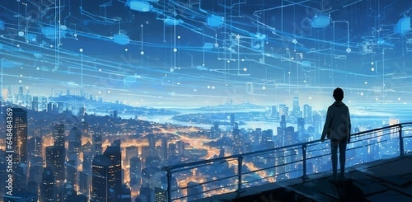 Obraz 未来都市を眺める人