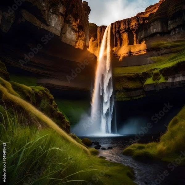 Fototapeta Seljalandsfoss waterfall in Iceland at sunset; a stunning waterfall. 