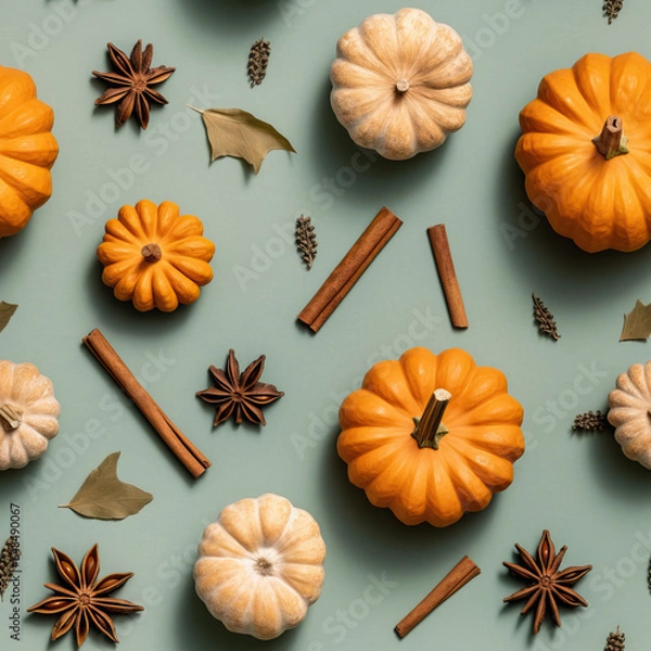 Fototapeta Seamless texture with pumpkin spice ingredients, flat lay photo with little pumpkins, anise stars and cinnamon sticks on muted green background, top view shot, repeat texture