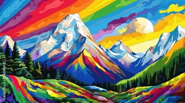 Fototapeta Pop Art Style of a Mountain Range Landscape and rainbow
