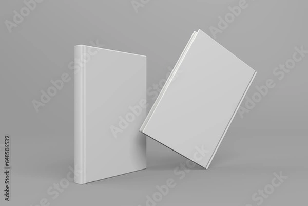Fototapeta Realistic 3D book mockup illustration with 2 hard covers. Book model standing upright on isolated gray background with shadow. 2 hardcover books. Ready for you to present your design.