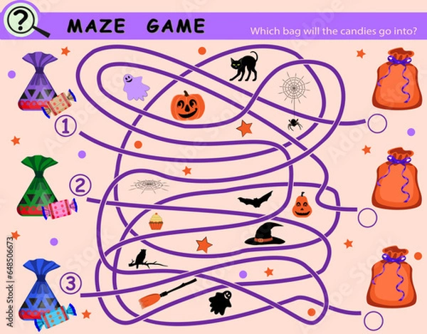 Obraz Logic game for children with halloween maze. Vector illustration.
