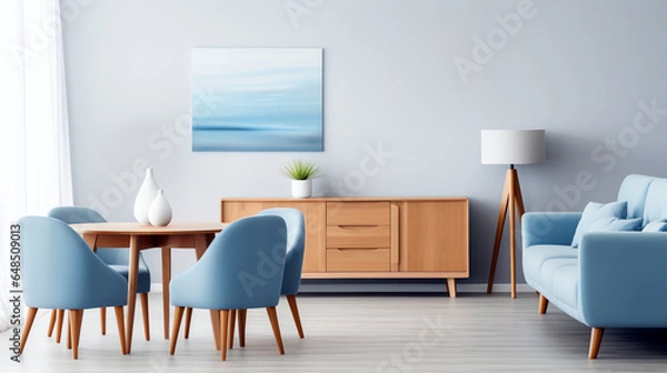 Fototapeta Soft blue scandinavian modern living room interior design. Generative AI