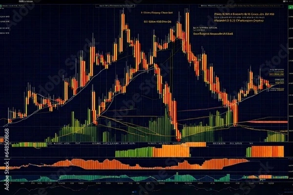 Fototapeta Bitcoin data analysis using a glowing blue pulse trace (1)