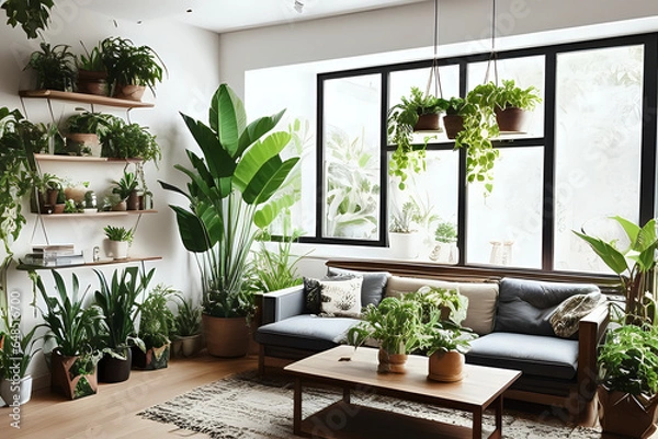 Fototapeta Living room interior design with wooden console, beautiful composition of plants in hipster and different pot designs, books and elegant personal accessories in home garden.