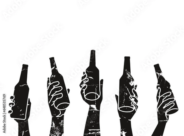 Fototapeta Silhouettes of people holding drinks. Grunge illustration. Vector background. Can be yused as wall art, poster, element of cover, card, banner or other design.