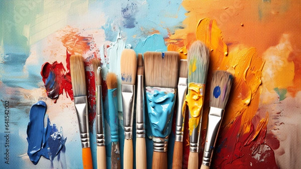 Fototapeta Displaying a set of artist brushes, paints, and a canvas, capturing the essence of creativity and art