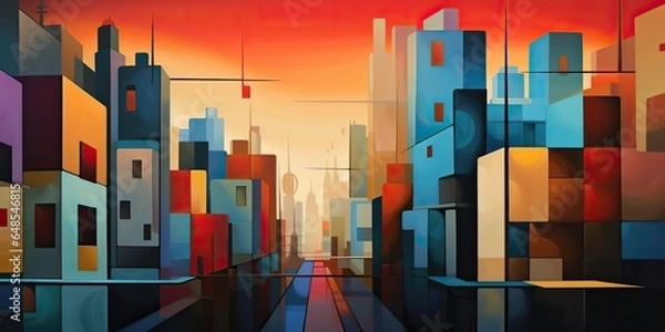 Fototapeta AI Generated. AI Generative. Abstract geometric shapes city town buildings architecture cityscape background street. Graphic Art