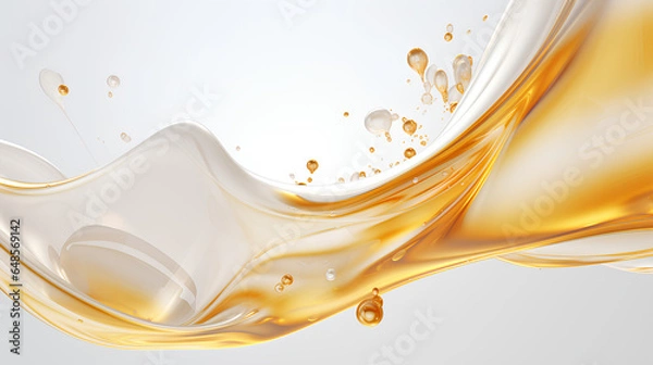 Fototapeta An abstract 3D liquid glass background wallpaper featuring gold oil drops suspended in a white paint splash.