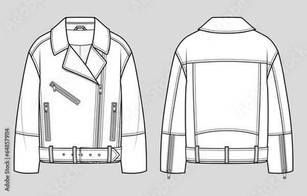 Fototapeta Oversized biker leather jacket. Unisex style. Fashion sketch. Flat technical drawing. Vector illustration.