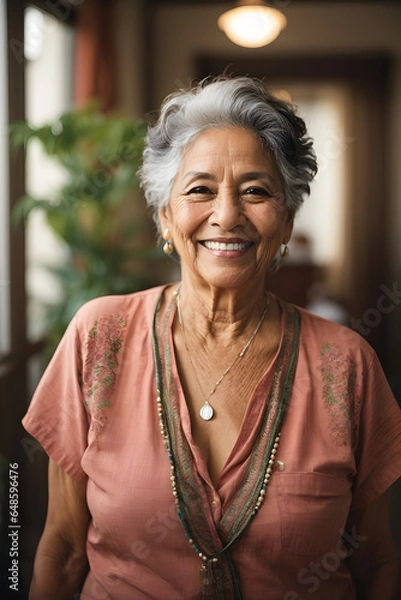 Fototapeta portrait of a happy senior mexican woman. Image created using artificial intelligence.