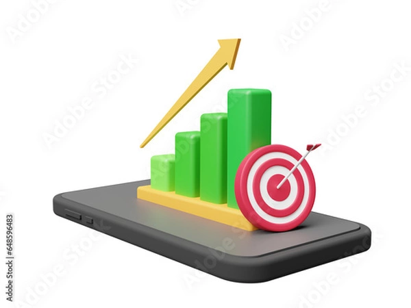 Fototapeta smart phone with 3d growth graph and archery target, illustration of business growth, increasing profits, stock market, target strategy