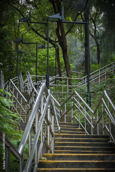 Obraz Hiking pedestrian stairs beside a mountain road in Hong Kong, with numerous lighting fixtures along the stairs