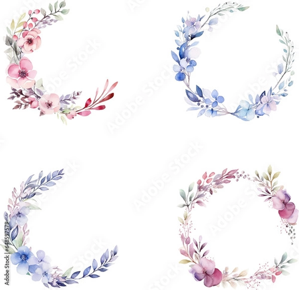 Obraz set of watercolor round flower frame illustrations, template wedding invitation card