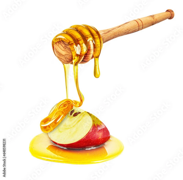 Fototapeta dripping honey on apple isolated on white background