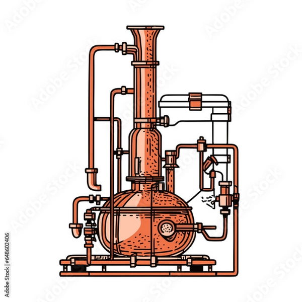 Fototapeta distiller operates copper still in minimalistic, black and red line work, japan web vector illustration