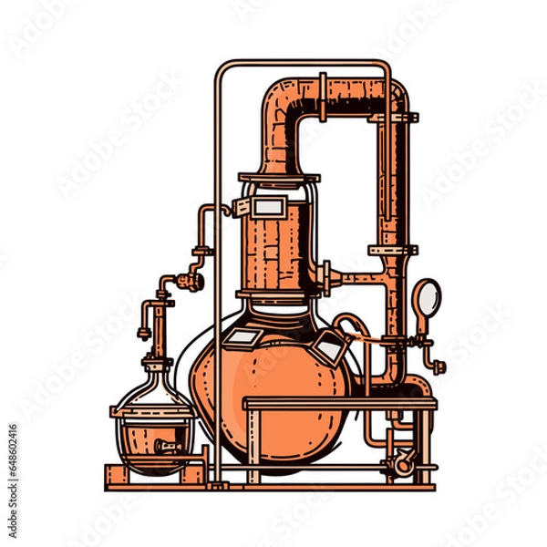 Fototapeta distiller operates copper still in minimalistic, black and red line work, japan web vector illustration